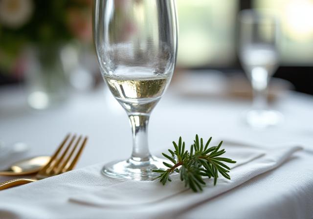 Dettaglio mise en place raffinata con cristalli e fiori freschi